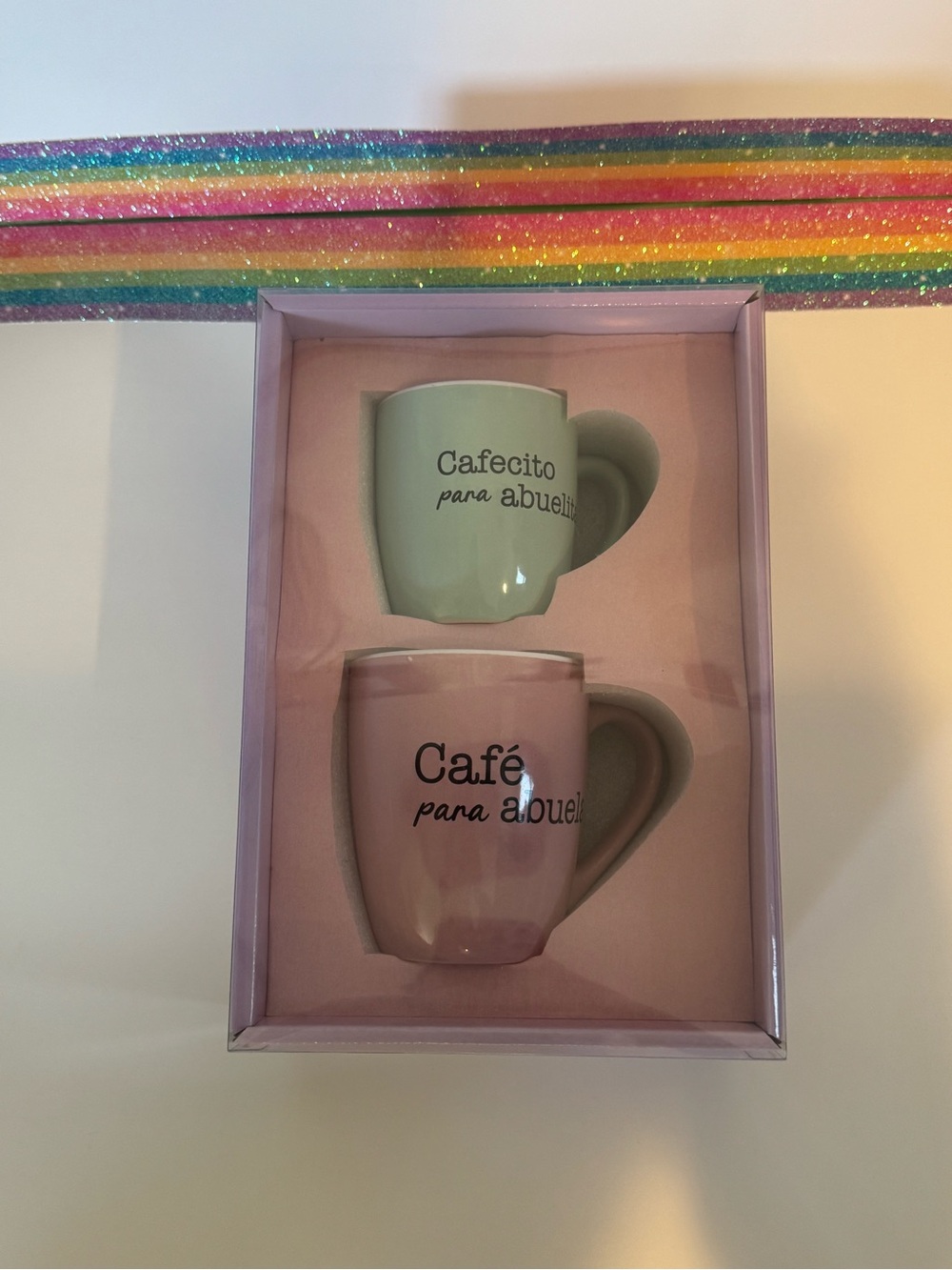 Pastel Green and Pink Coffee Mug Set - 'Café para abuela'